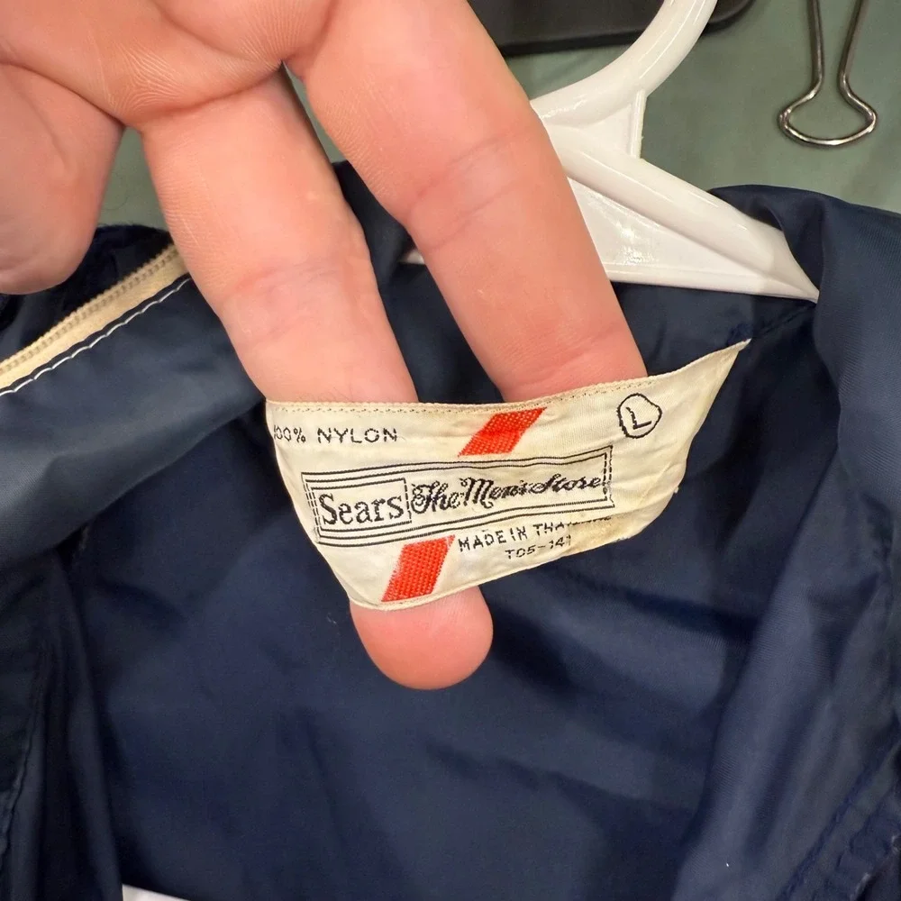Vintage 70's Sears Blue Nylon Windbreaker Mens Large Full Zip Hooded Outerwear